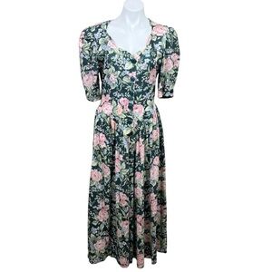 E.D. Michaels by Melanie Drucker Vintage Floral Midi Dress Green Pink 80s